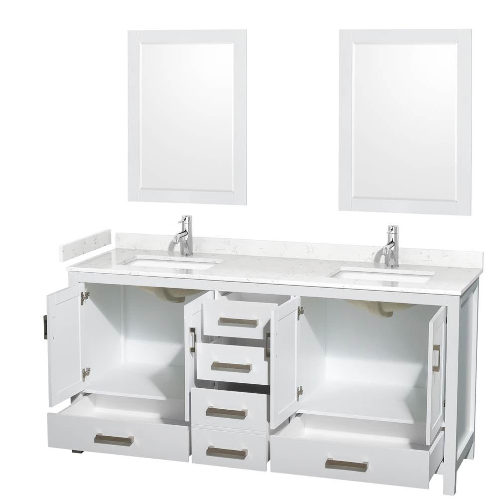 Sheffield 72 Inch Double Bathroom Vanity in White, Carrara Cultured Marble Countertop, Undermount Square Sinks, 24 Inch Mirrors