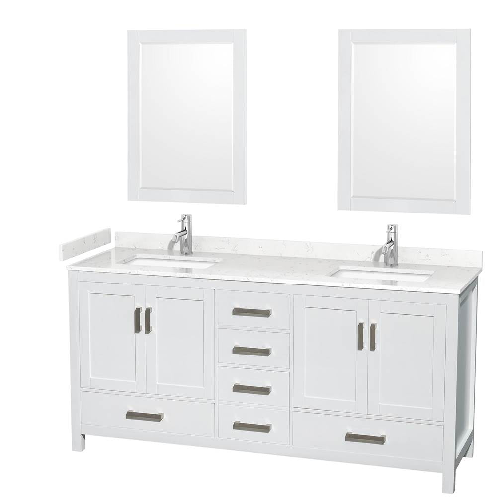 Wyndham Collection - Sheffield 72 Inch Double Bathroom Vanity in White, Carrara Cultured Marble Countertop, Undermount Square Sinks, 24 Inch Mirrors