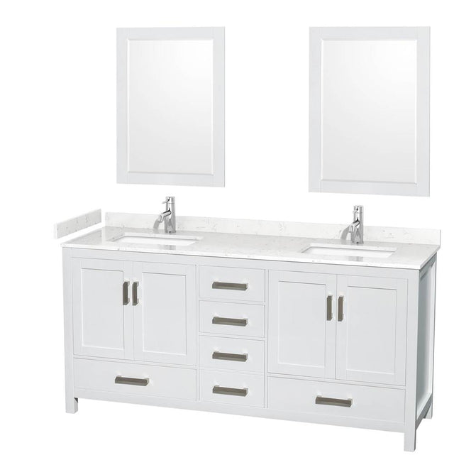 Wyndham Collection - Sheffield 72 Inch Double Bathroom Vanity in White, Carrara Cultured Marble Countertop, Undermount Square Sinks, 24 Inch Mirrors