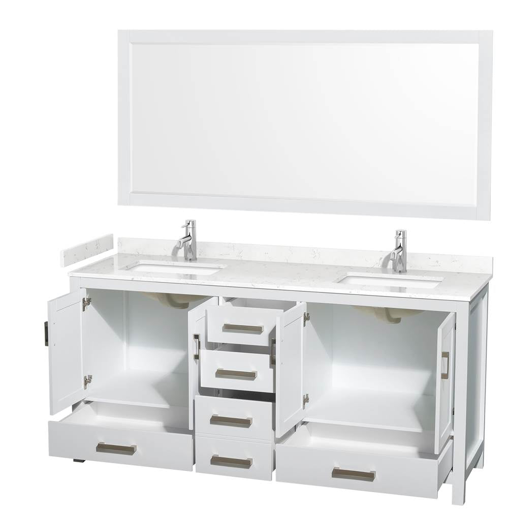 Sheffield 72 Inch Double Bathroom Vanity in White, Carrara Cultured Marble Countertop, Undermount Square Sinks, 70 Inch Mirror
