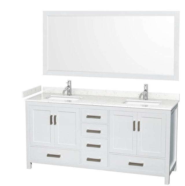 Wyndham Collection - Sheffield 72 Inch Double Bathroom Vanity in White, Carrara Cultured Marble Countertop, Undermount Square Sinks, 70 Inch Mirror