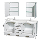 Sheffield 72 Inch Double Bathroom Vanity in White, Carrara Cultured Marble Countertop, Undermount Square Sinks, Medicine Cabinets