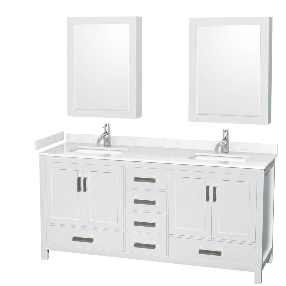 Wyndham Collection - Sheffield 72 Inch Double Bathroom Vanity in White, Carrara Cultured Marble Countertop, Undermount Square Sinks, Medicine Cabinets