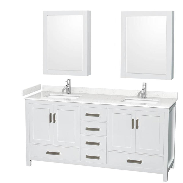 Wyndham Collection - Sheffield 72 Inch Double Bathroom Vanity in White, Carrara Cultured Marble Countertop, Undermount Square Sinks, Medicine Cabinets