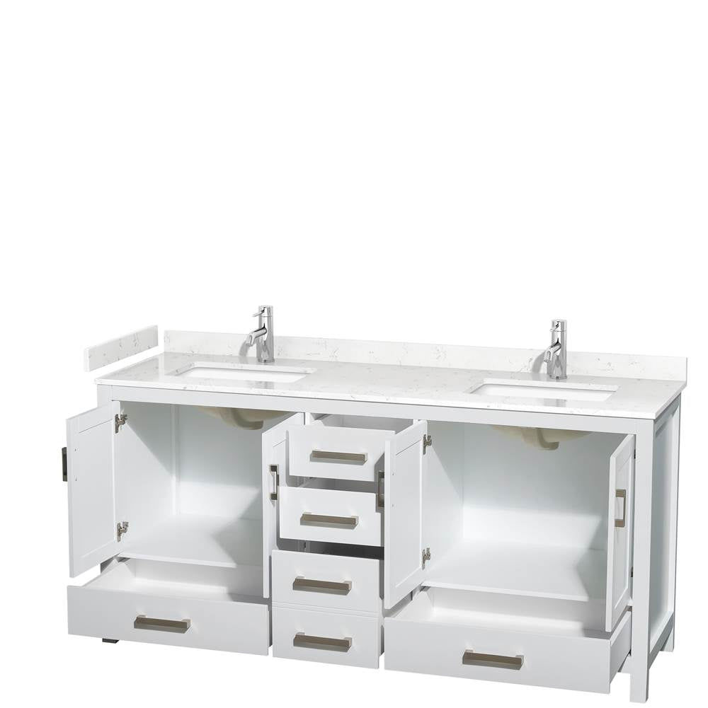 Sheffield 72 Inch Double Bathroom Vanity in White, Carrara Cultured Marble Countertop, Undermount Square Sinks, No Mirror