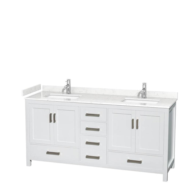 Wyndham Collection - Sheffield 72 Inch Double Bathroom Vanity in White, Carrara Cultured Marble Countertop, Undermount Square Sinks, No Mirror