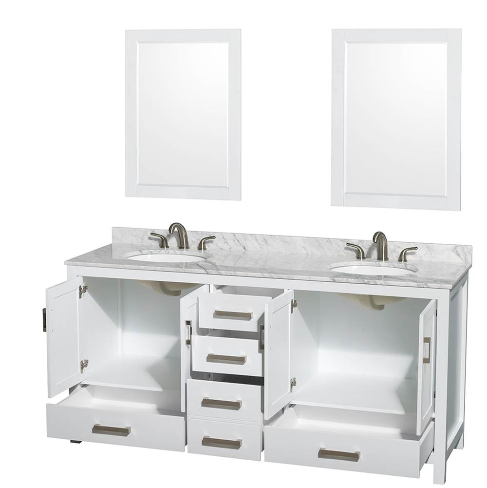 Sheffield 72 Inch Double Bathroom Vanity in Espresso, White Carrara Marble Countertop, Undermount Oval Sinks, and 24 Inch Mirrors
