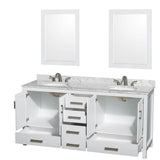 Sheffield 72 Inch Double Bathroom Vanity in Espresso, White Carrara Marble Countertop, Undermount Oval Sinks, and 24 Inch Mirrors