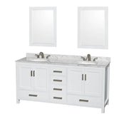Wyndham Collection - Sheffield 72 Inch Double Bathroom Vanity in White, White Carrara Marble Countertop, Undermount Oval Sinks, and 24 Inch Mirrors - White