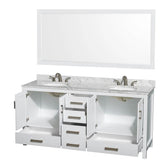 Sheffield 72 Inch Double Bathroom Vanity in Espresso, White Carrara Marble Countertop, Undermount Oval Sinks, and 70 Inch Mirror