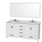 Wyndham Collection - Sheffield 72 Inch Double Bathroom Vanity in White, White Carrara Marble Countertop, Undermount Oval Sinks, and 70 Inch Mirror - White