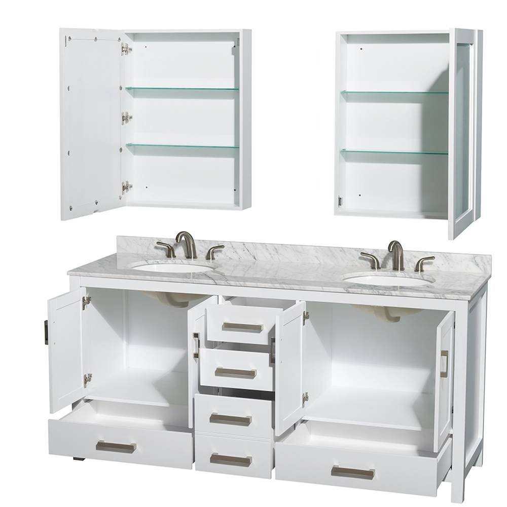Sheffield 72 Inch Double Bathroom Vanity in Espresso, White Carrara Marble Countertop, Undermount Oval Sinks, and Medicine Cabinets
