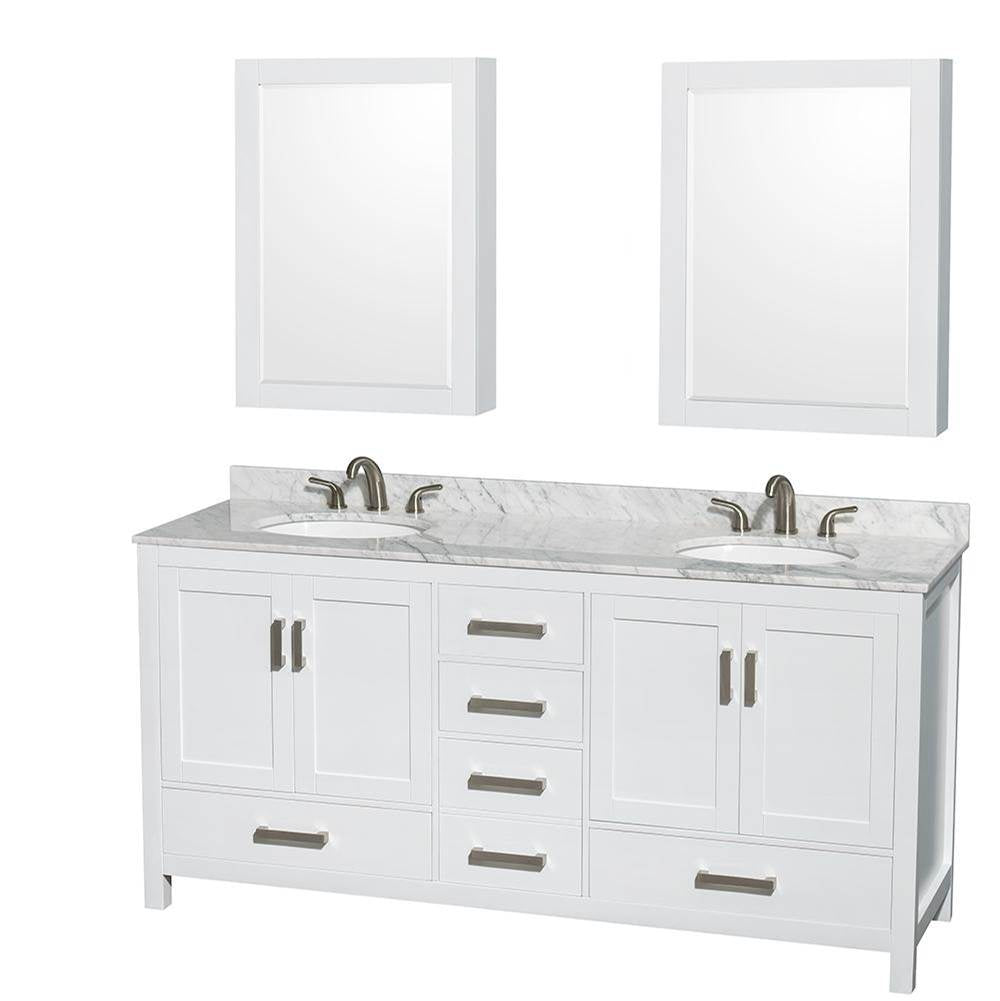 Wyndham Collection - Sheffield 72 Inch Double Bathroom Vanity in White, White Carrara Marble Countertop, Undermount Oval Sinks, and Medicine Cabinets - White