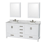 Wyndham Collection - Sheffield 72 Inch Double Bathroom Vanity in White, White Carrara Marble Countertop, Undermount Oval Sinks, and Medicine Cabinets - White