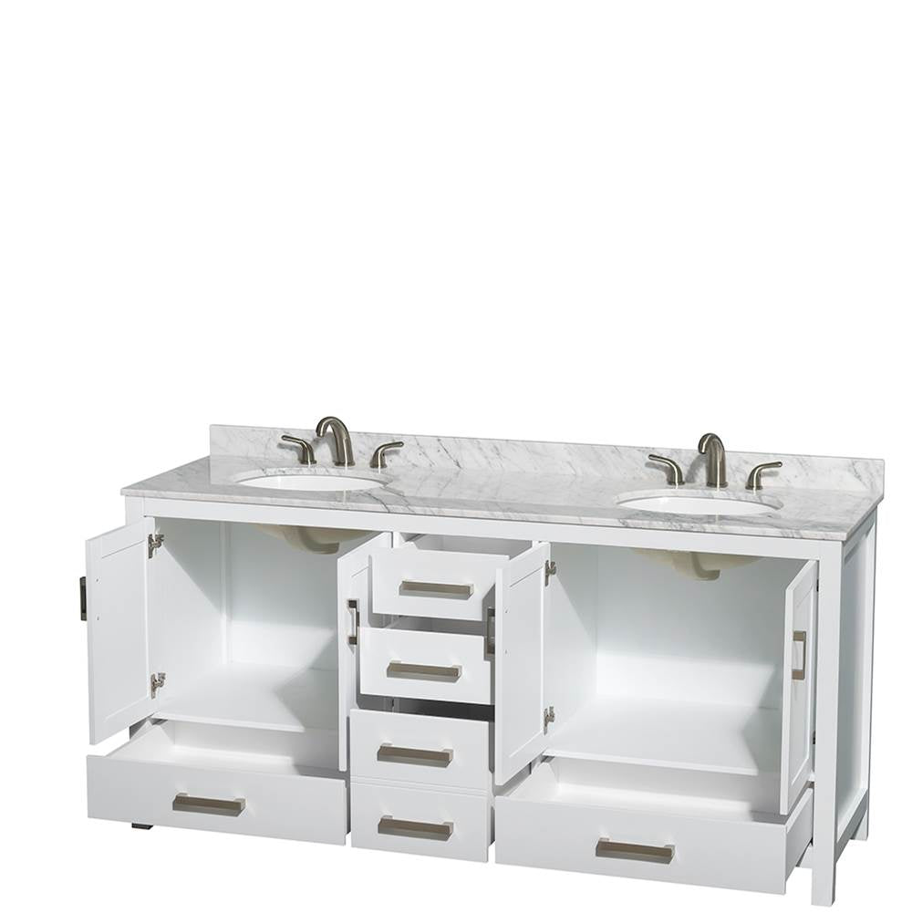 Sheffield 72 Inch Double Bathroom Vanity in Espresso, White Carrara Marble Countertop, Undermount Oval Sinks, and No Mirror