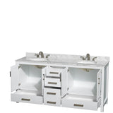 Sheffield 72 Inch Double Bathroom Vanity in Espresso, White Carrara Marble Countertop, Undermount Oval Sinks, and No Mirror