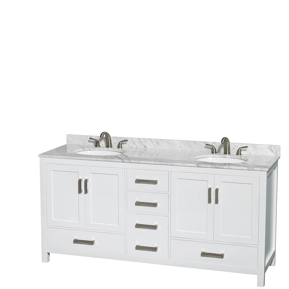 Sheffield 72 Inch Double Bathroom Vanity in Espresso, White Carrara Marble Countertop, Undermount Oval Sinks, and 70 Inch Mirror