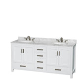 Sheffield 72 Inch Double Bathroom Vanity in Espresso, White Carrara Marble Countertop, Undermount Oval Sinks, and 70 Inch Mirror