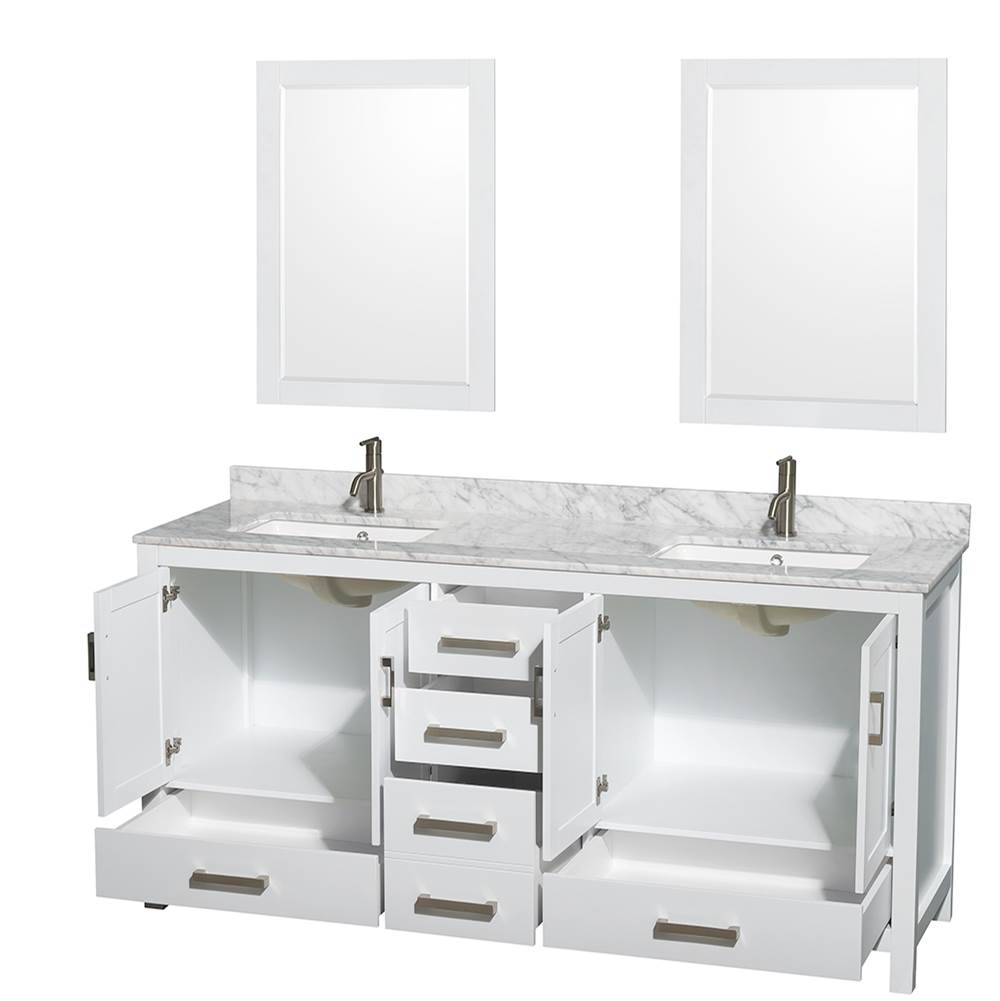 Sheffield 72 Inch Double Bathroom Vanity in Espresso, White Carrara Marble Countertop, Undermount Square Sinks, and 24 Inch Mirrors