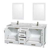 Sheffield 72 Inch Double Bathroom Vanity in Espresso, White Carrara Marble Countertop, Undermount Square Sinks, and 24 Inch Mirrors