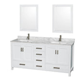 Wyndham Collection - Sheffield 72 Inch Double Bathroom Vanity in White, White Carrara Marble Countertop, Undermount Square Sinks, and 24 Inch Mirrors - White