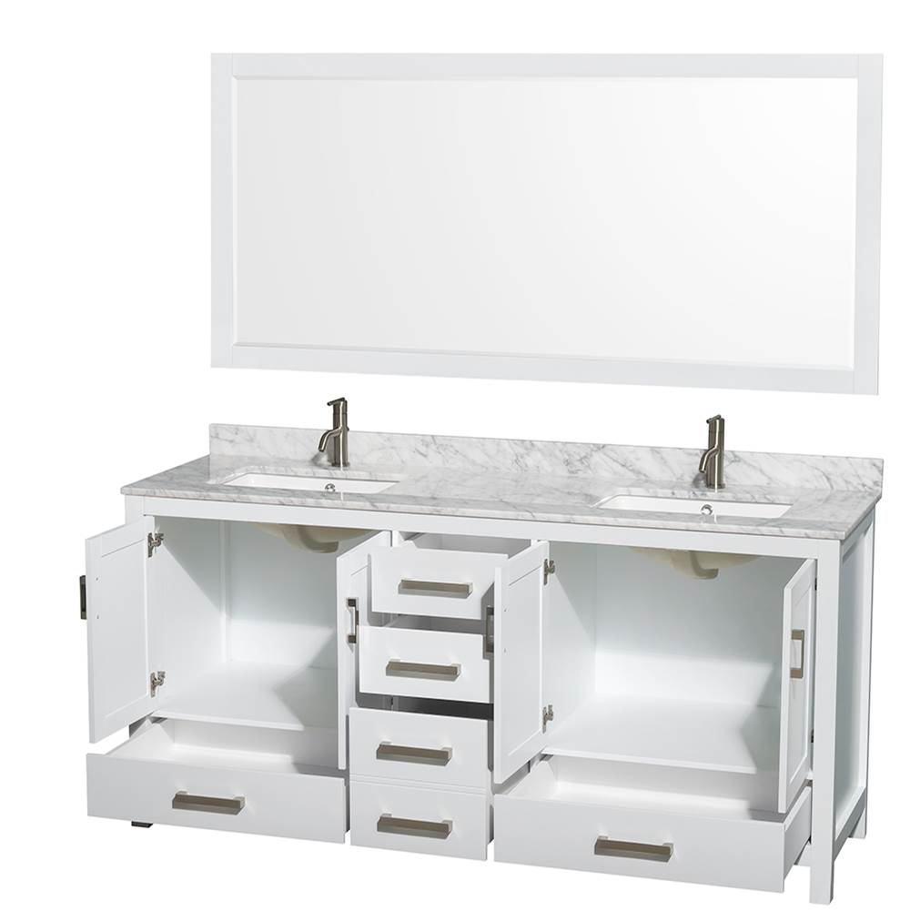 Sheffield 72 Inch Double Bathroom Vanity in Espresso, White Carrara Marble Countertop, Undermount Square Sinks, and 70 Inch Mirror