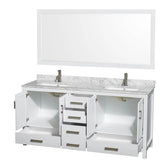 Sheffield 72 Inch Double Bathroom Vanity in Espresso, White Carrara Marble Countertop, Undermount Square Sinks, and 70 Inch Mirror