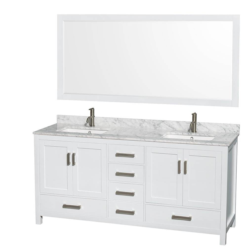 Wyndham Collection - Sheffield 72 Inch Double Bathroom Vanity in White, White Carrara Marble Countertop, Undermount Square Sinks, and 70 Inch Mirror - White