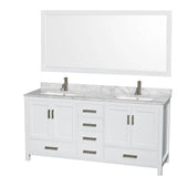Wyndham Collection - Sheffield 72 Inch Double Bathroom Vanity in White, White Carrara Marble Countertop, Undermount Square Sinks, and 70 Inch Mirror - White