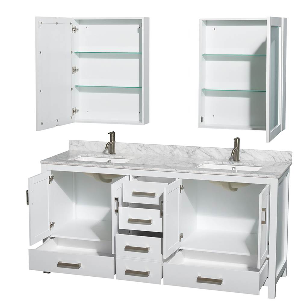 Sheffield 72 Inch Double Bathroom Vanity in Espresso, White Carrara Marble Countertop, Undermount Square Sinks, and Medicine Cabinets