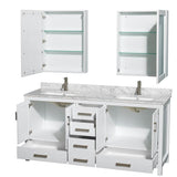 Sheffield 72 Inch Double Bathroom Vanity in Espresso, White Carrara Marble Countertop, Undermount Square Sinks, and Medicine Cabinets