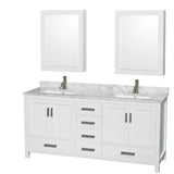 Wyndham Collection - Sheffield 72 Inch Double Bathroom Vanity in White, White Carrara Marble Countertop, Undermount Square Sinks, and Medicine Cabinets - White