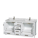 Sheffield 72 Inch Double Bathroom Vanity in Espresso, White Carrara Marble Countertop, Undermount Square Sinks, and No Mirror