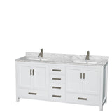 Sheffield 72 Inch Double Bathroom Vanity in Espresso, White Carrara Marble Countertop, Undermount Square Sinks, and Medicine Cabinets
