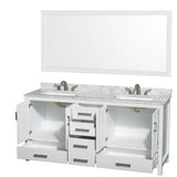 Sheffield 72 Inch Double Bathroom Vanity in White, White Carrara Marble Countertop, Undermount 3-Hole Square Sinks, 70 Inch Mirror