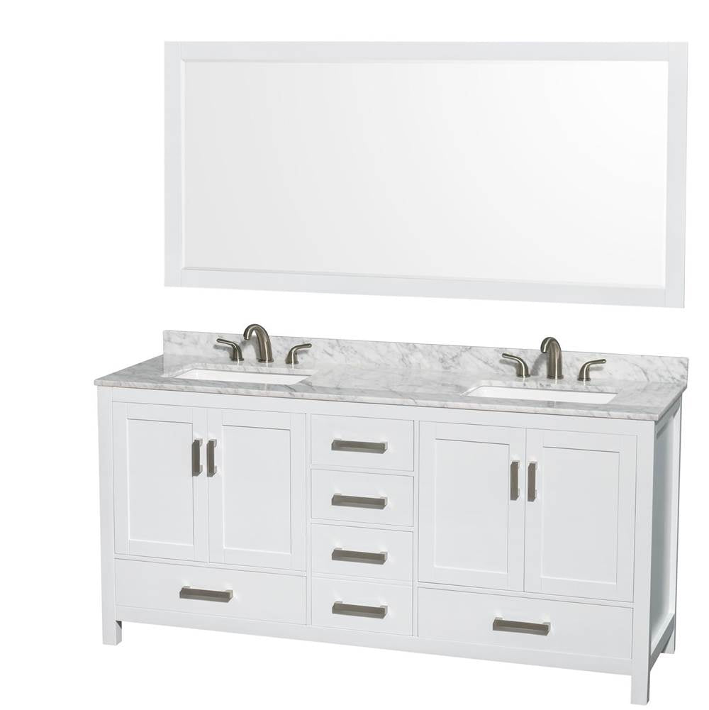 Wyndham Collection - Sheffield 72 Inch Double Bathroom Vanity in White, White Carrara Marble Countertop, Undermount 3-Hole Square Sinks, 70 Inch Mirror - White