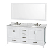 Wyndham Collection - Sheffield 72 Inch Double Bathroom Vanity in White, White Carrara Marble Countertop, Undermount 3-Hole Square Sinks, 70 Inch Mirror - White