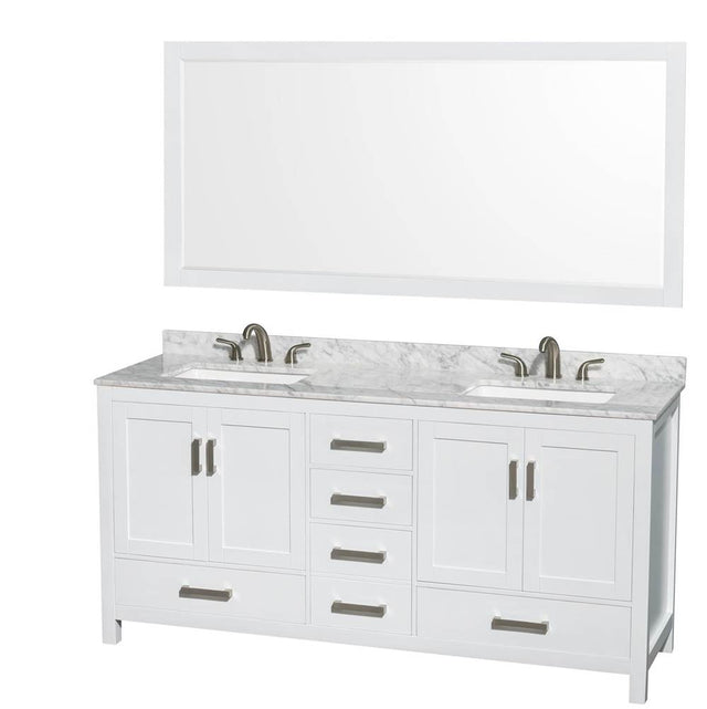 Wyndham Collection - Sheffield 72 Inch Double Bathroom Vanity in White, White Carrara Marble Countertop, Undermount 3-Hole Square Sinks, 70 Inch Mirror - White