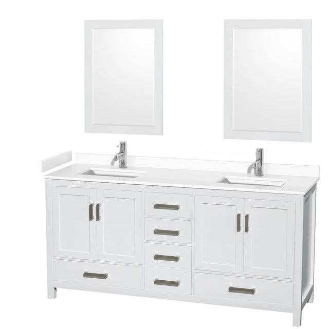 Wyndham Collection - Sheffield 72 Inch Double Bathroom Vanity in White, White Cultured Marble Countertop, Undermount Square Sinks, 24 Inch Mirrors