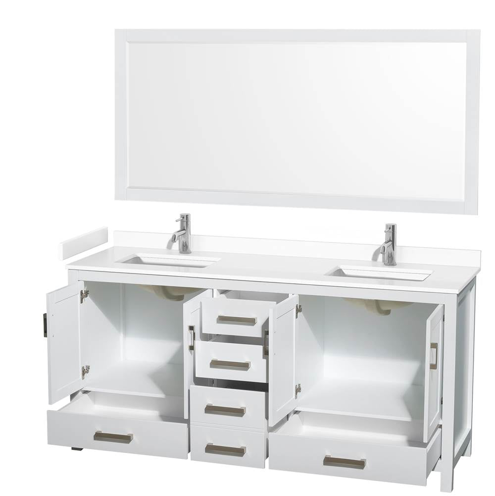 Sheffield 72 Inch Double Bathroom Vanity in White, White Cultured Marble Countertop, Undermount Square Sinks, 70 Inch Mirror