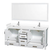 Sheffield 72 Inch Double Bathroom Vanity in White, White Cultured Marble Countertop, Undermount Square Sinks, 70 Inch Mirror