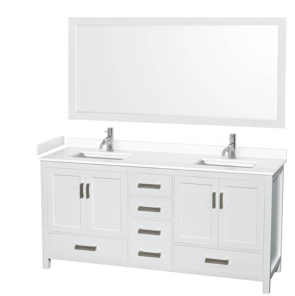 Wyndham Collection - Sheffield 72 Inch Double Bathroom Vanity in White, White Cultured Marble Countertop, Undermount Square Sinks, 70 Inch Mirror