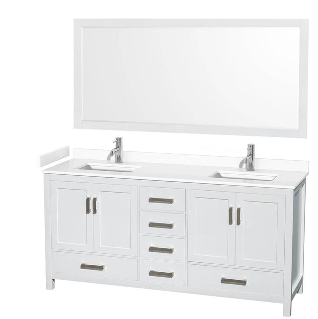 Wyndham Collection - Sheffield 72 Inch Double Bathroom Vanity in White, White Cultured Marble Countertop, Undermount Square Sinks, 70 Inch Mirror