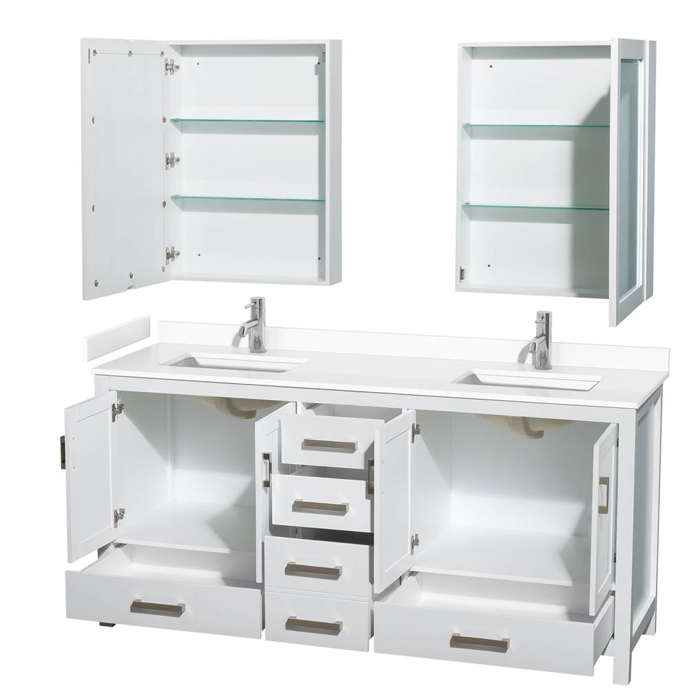Sheffield 72 Inch Double Bathroom Vanity in White, White Cultured Marble Countertop, Undermount Square Sinks, Medicine Cabinets