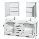 Sheffield 72 Inch Double Bathroom Vanity in White, White Cultured Marble Countertop, Undermount Square Sinks, Medicine Cabinets