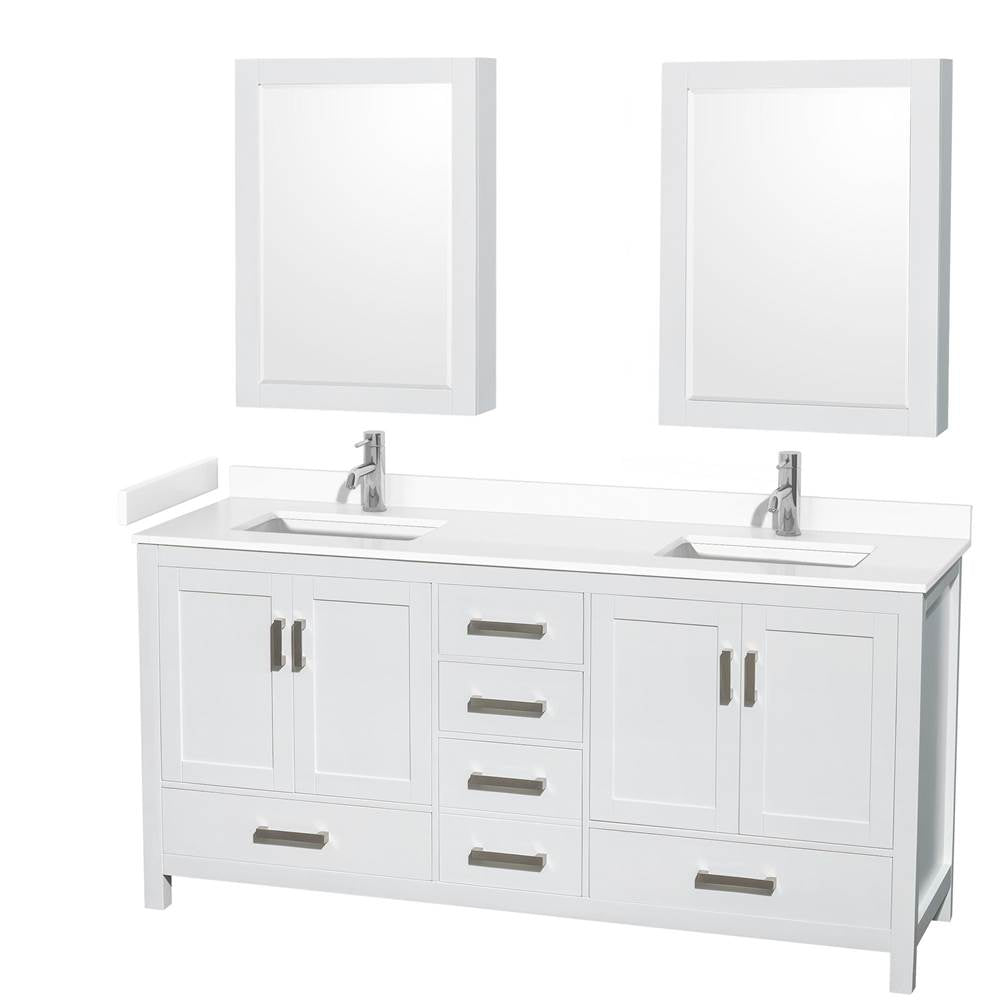 Wyndham Collection - Sheffield 72 Inch Double Bathroom Vanity in White, White Cultured Marble Countertop, Undermount Square Sinks, Medicine Cabinets
