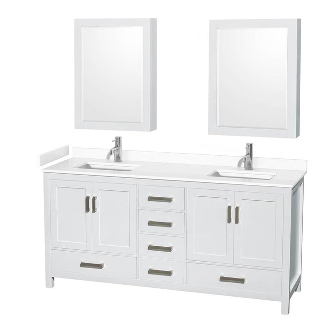 Wyndham Collection - Sheffield 72 Inch Double Bathroom Vanity in White, White Cultured Marble Countertop, Undermount Square Sinks, Medicine Cabinets