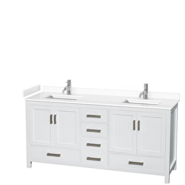 Wyndham Collection - Sheffield 72 Inch Double Bathroom Vanity in White, White Cultured Marble Countertop, Undermount Square Sinks, No Mirror