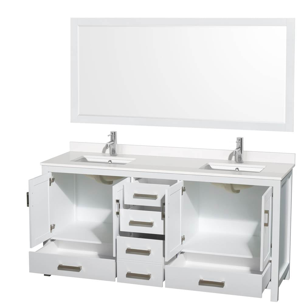 Sheffield 72 Inch Double Bathroom Vanity in Gray, White Quartz Countertop, Undermount Square Sinks, 70 Inch Mirror