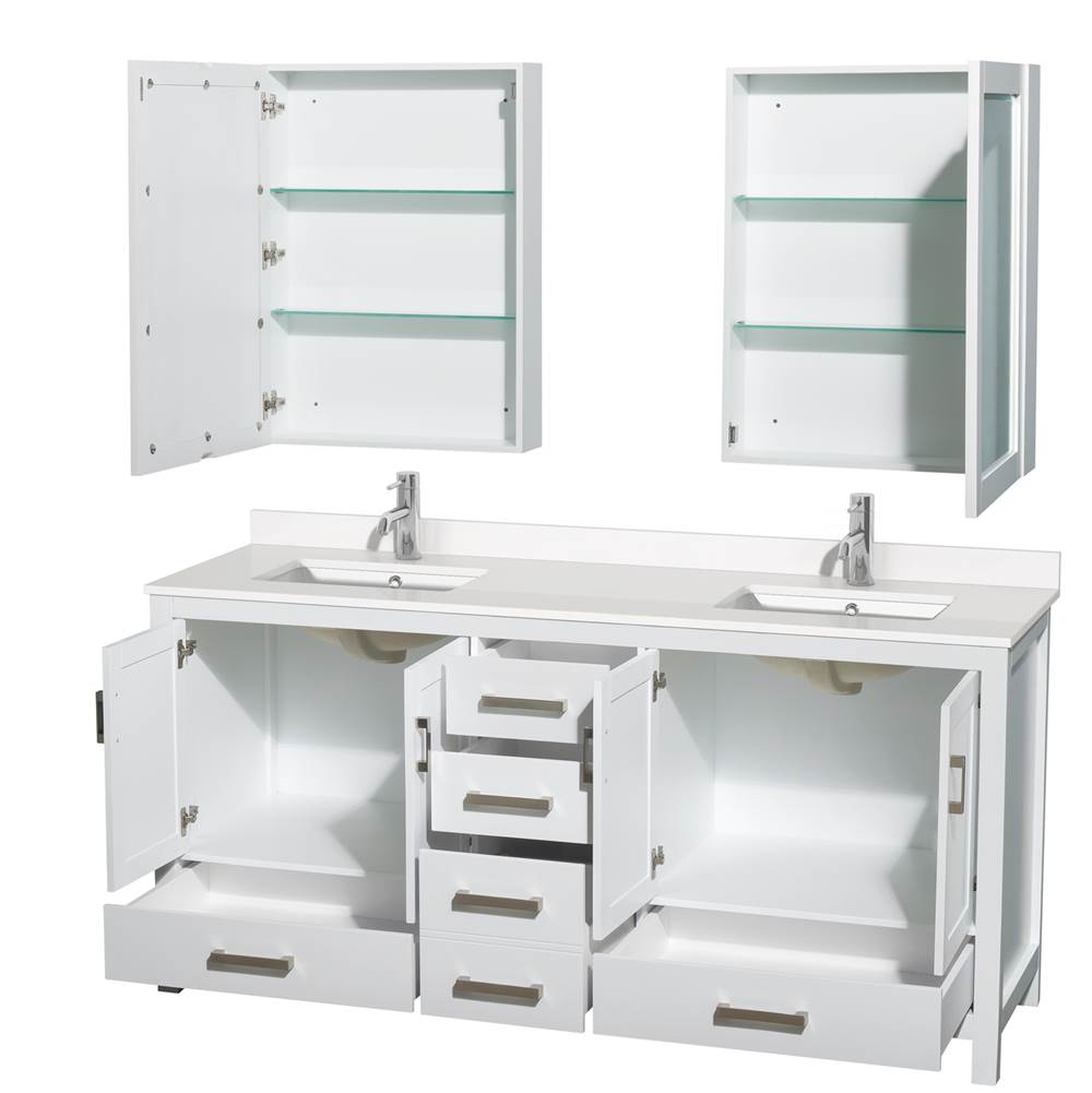 Sheffield 72 Inch Double Bathroom Vanity in Gray, White Quartz Countertop, Undermount Square Sinks, Medicine Cabinets